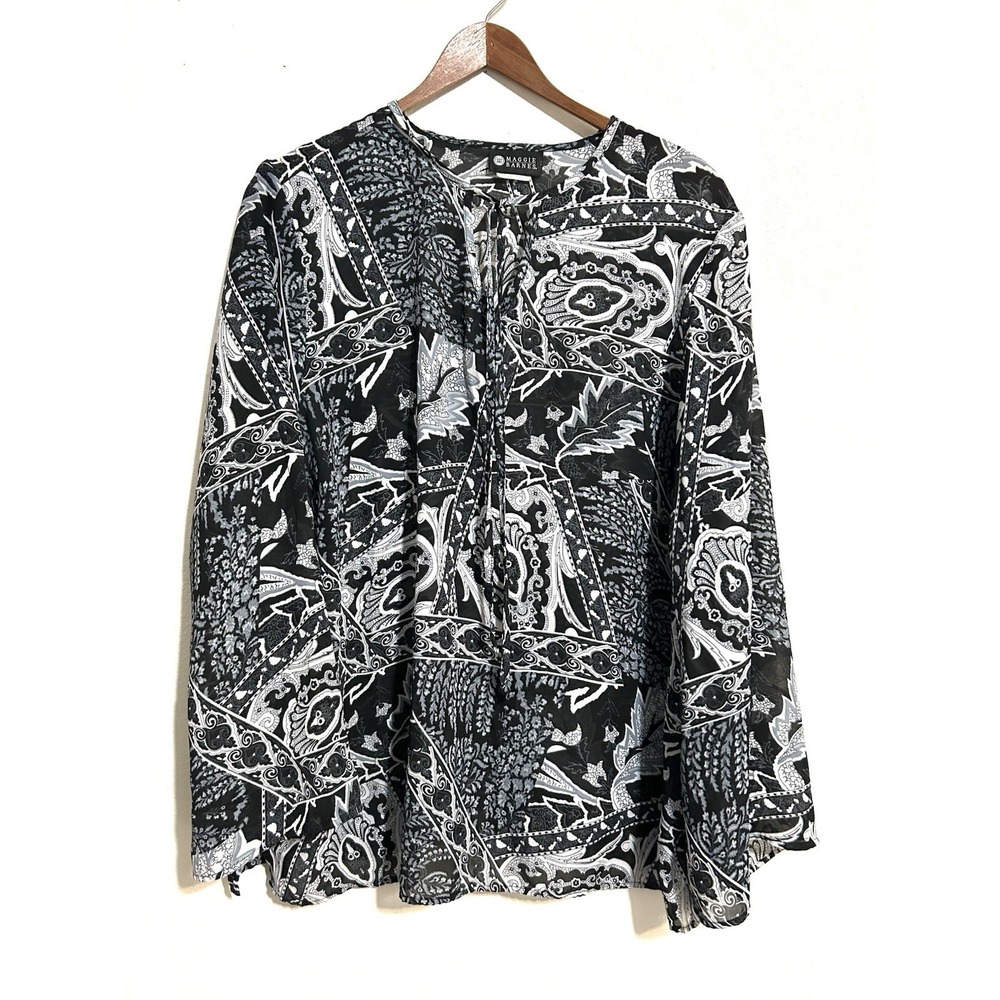 Maggie Barnes Size 20W Blouse Bell Sleeve Black White Print Chiffon